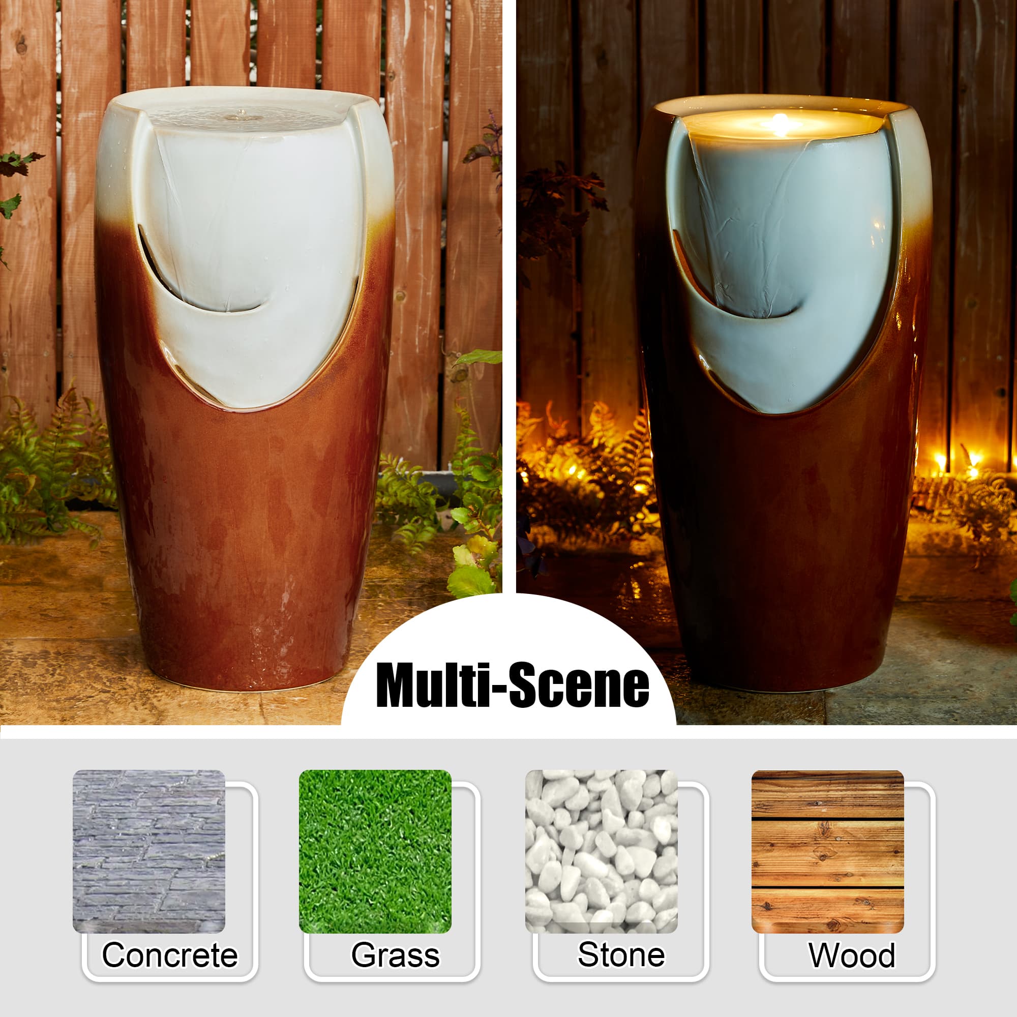 Glitzhome® 29.25" LED Sand Beige & Brown Ceramic Pot Outdoor Floor Fountain